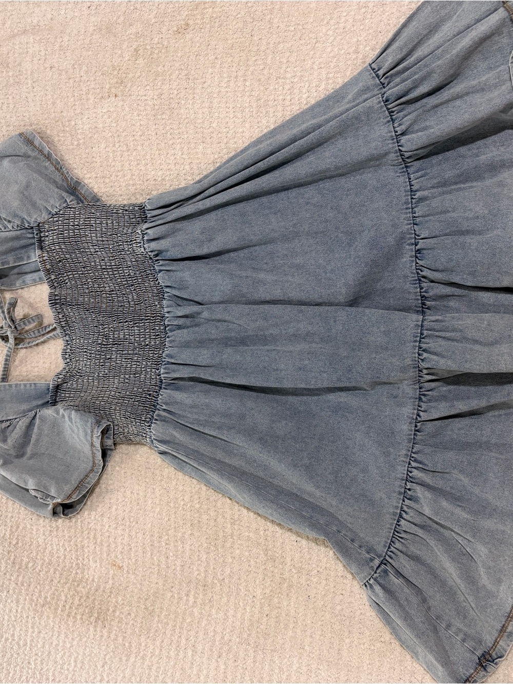 Umgee Dusty Blue Smocked Denim-Look Puff Sleeve Dress
